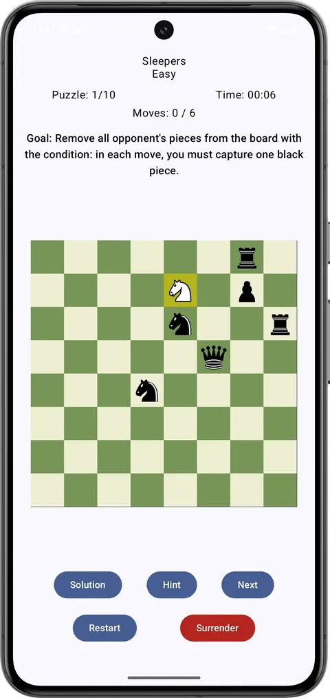 A Sleepers puzzle in progress: a board with white and black pieces, the goal stated above it, and buttons for solution, hint and restart.
