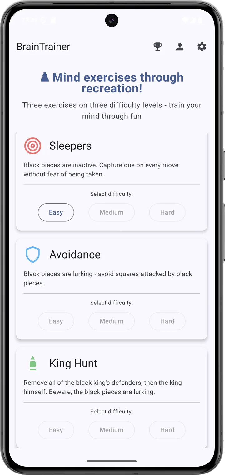 The opening screen listing the three modes with a choice of Easy, Medium or Hard.