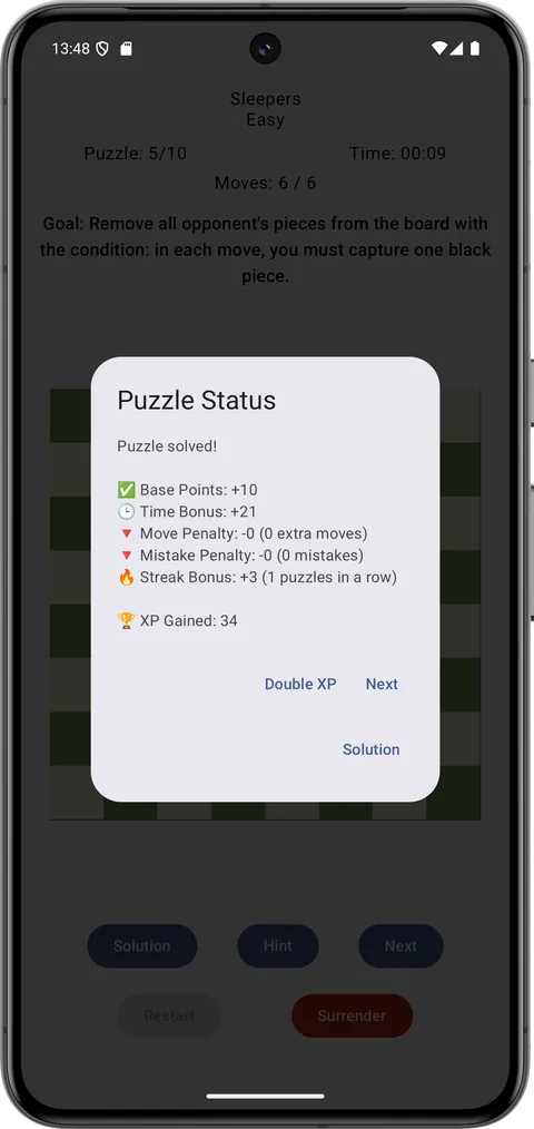 The puzzle status panel after solving: base points, time bonus, move penalty, mistake penalty and streak bonus, with the XP gained.